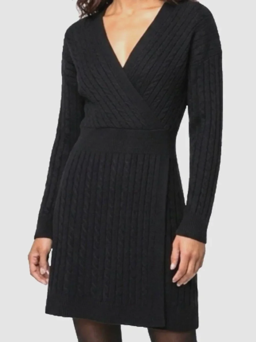 Lucky Brand Cable Knit V-Neck Long Sleeve Dress in Black , Size M NWT